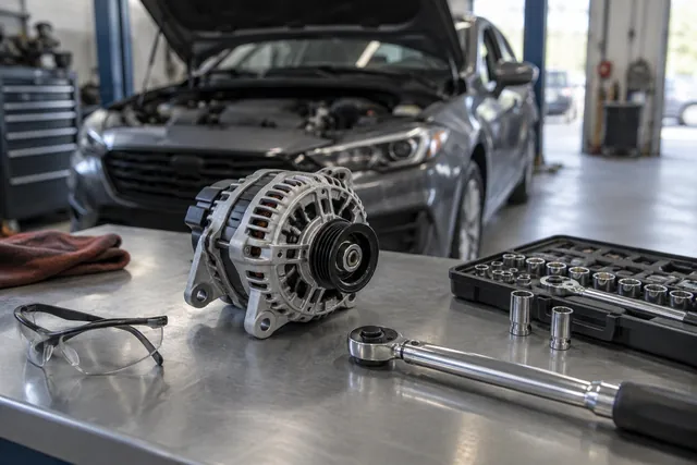 Replacement alternator, socket set, torque wrench, and safety glasses arranged on a clean workbench