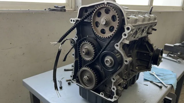 Cutaway illustration showing a broken timing belt beside an engine’s camshaft and crankshaft pulleys