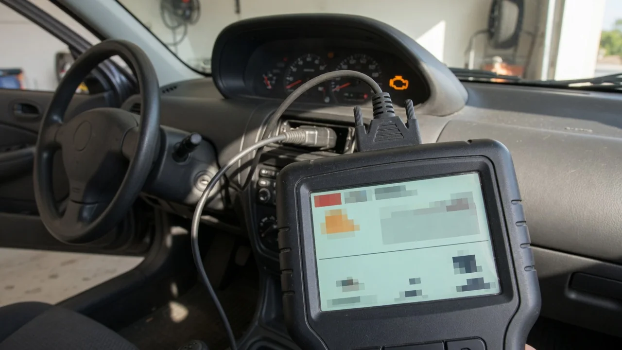 OBD-II scanner plugged in under a dashboard to read a P1628 trouble code, with the check engine light on