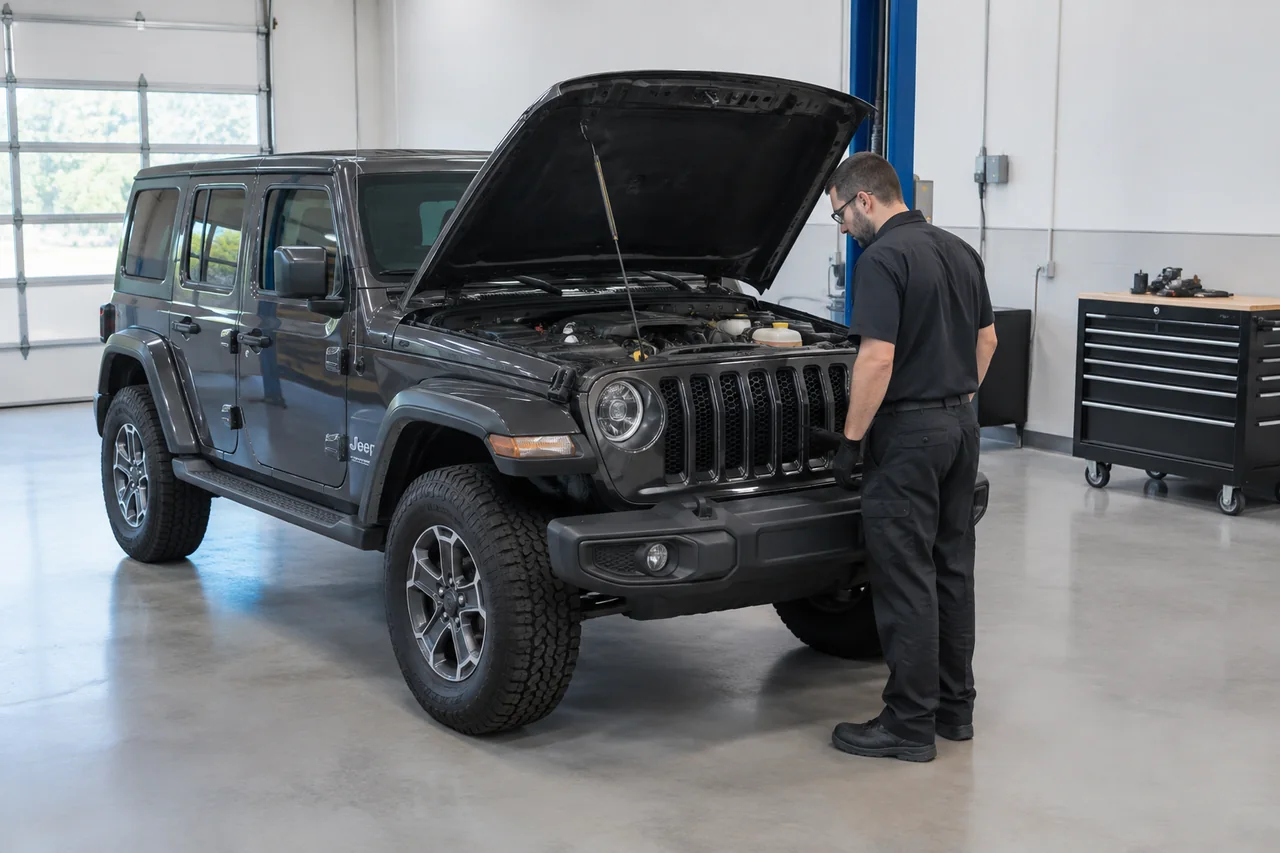 Jeep Wrangler in a service bay with its hood open for an engine inspection