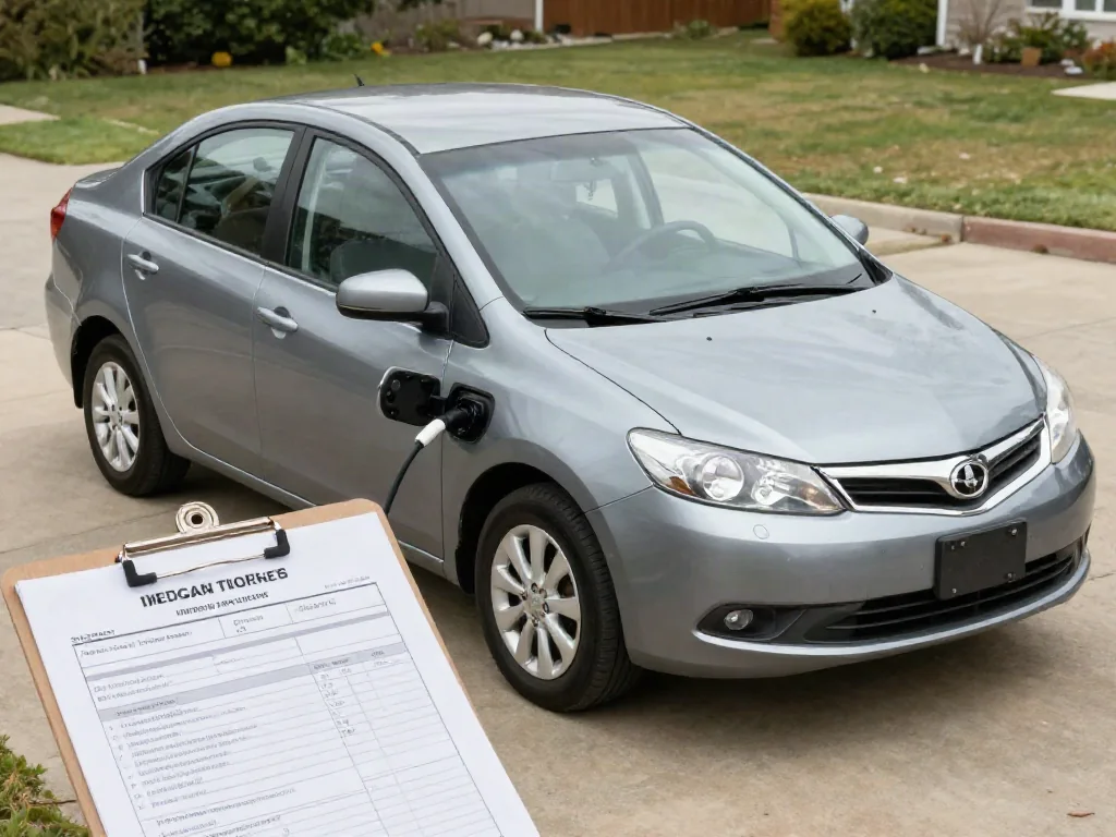 Used car parked beside a vehicle title document and an inspection checklist