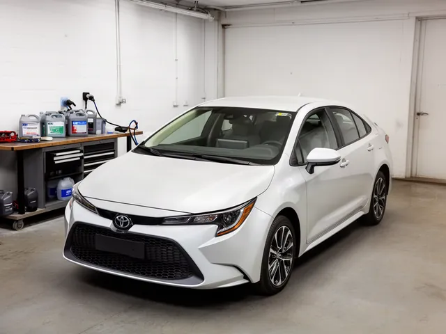 Toyota Corolla parked in a clean service bay for transmission fluid maintenance