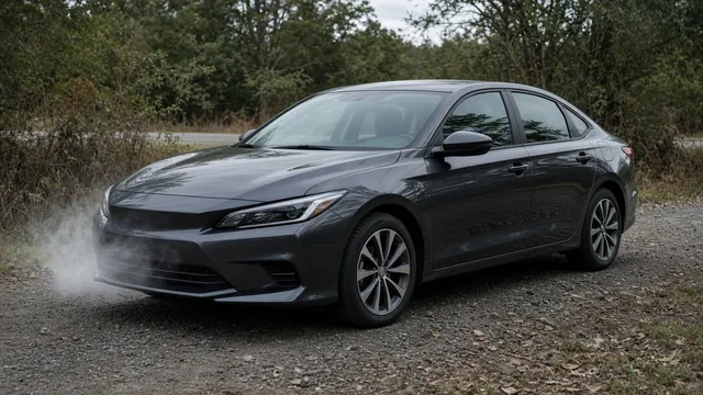 Parked car with a faint plume near the closed hood, viewed from a safe distance