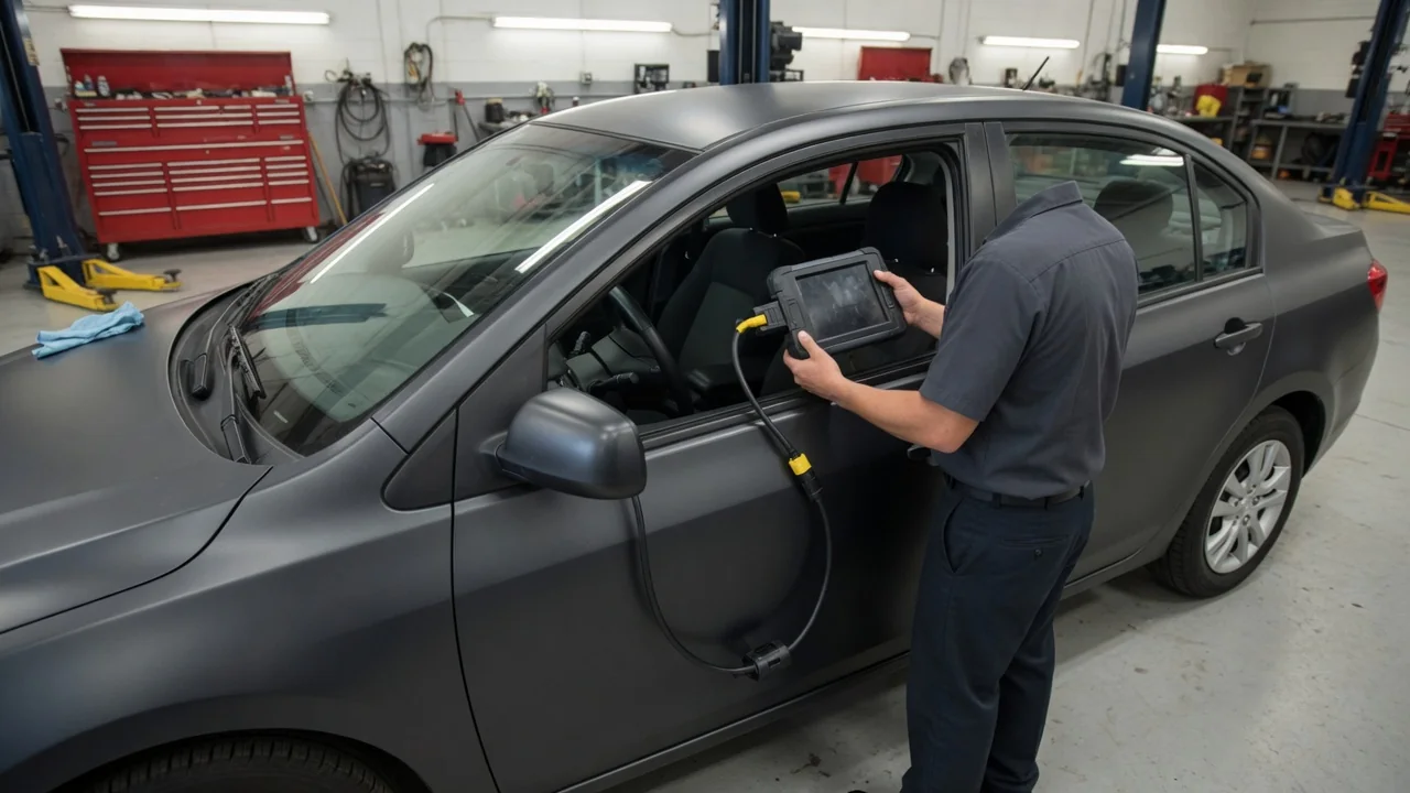 Technician inspecting an engine with a diagnostic scan tool connected