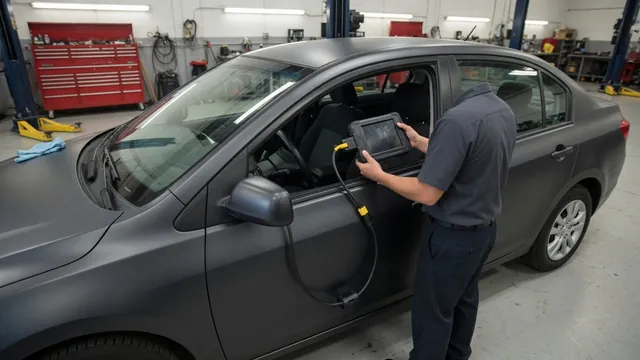 Technician inspecting an engine with a diagnostic scan tool connected