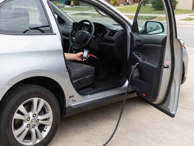Tire pressure gauge checking a Toyota tire beside the driver door pressure placard