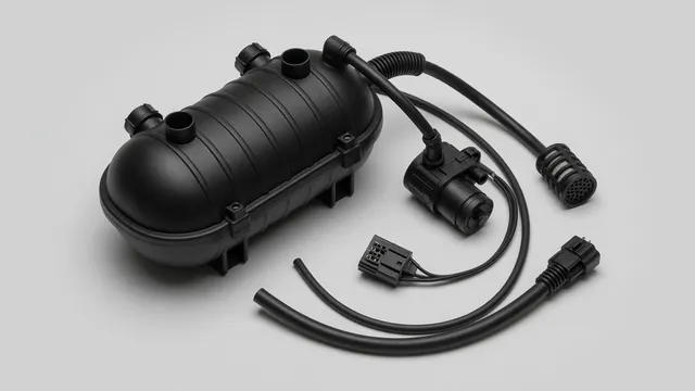 Illustration of an EVAP charcoal canister, vent solenoid, air filter, and electrical connector