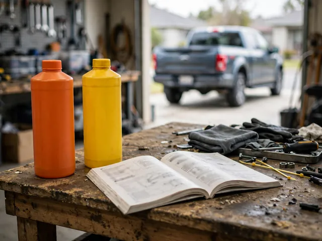 Coolant containers beside a Ford owner's manual and a parked truck with a cold engine