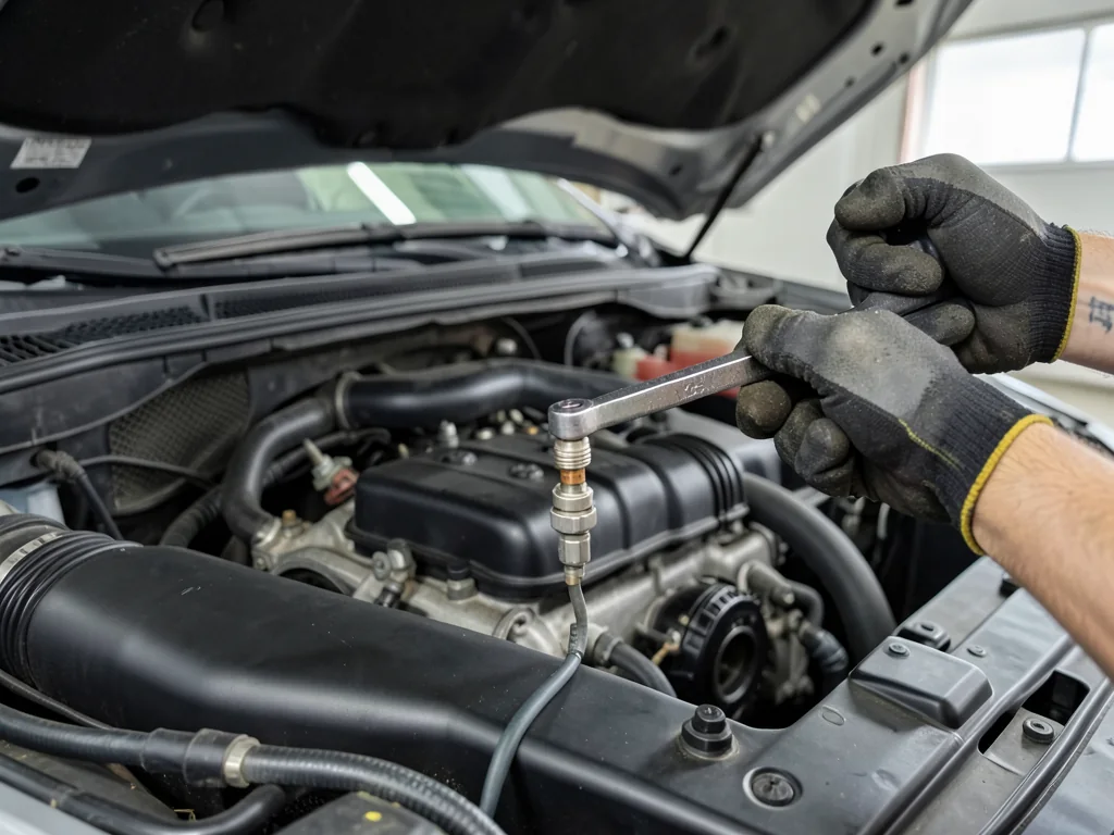 Gloved hand with a socket wrench on an engine coolant temperature sensor mounted near the thermostat housing in a car engine bay