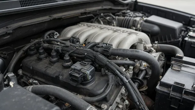 Diesel engine bay with an electrical connector and wiring harness visible