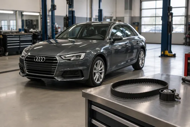 Audi A4 in a service bay with timing belt components arranged on a nearby workbench