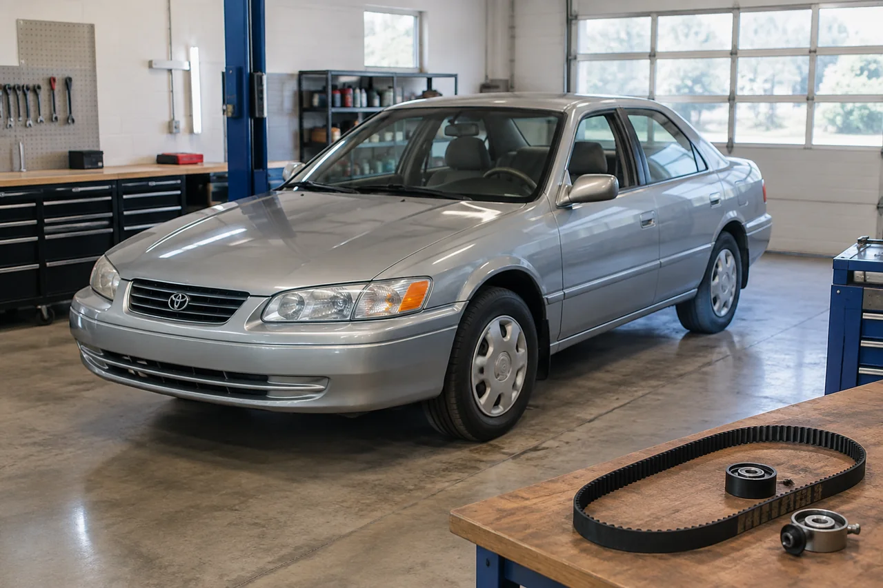Toyota Camry parked in a service bay with a timing belt displayed on a nearby workbench