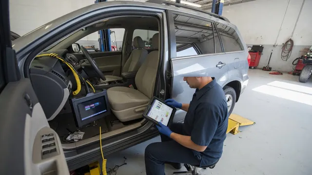 Diagnostic scanner connected beneath a vehicle dashboard during a fault code inspection