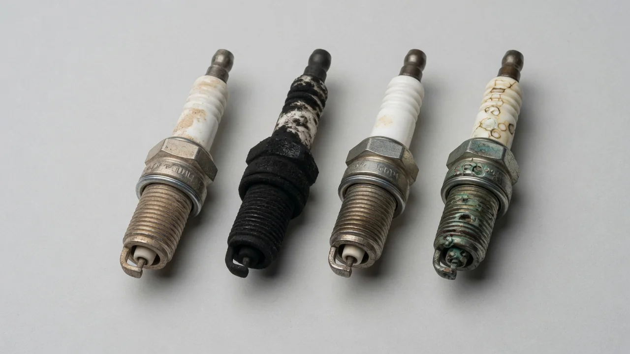 Illustrated spark plug firing ends showing light deposits, black soot, electrode wear, and heat damage.