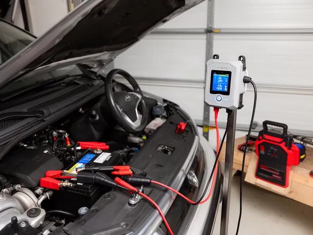Automatic smart car battery charger clamped to a car battery in a home garage with a portable jump pack on the workbench