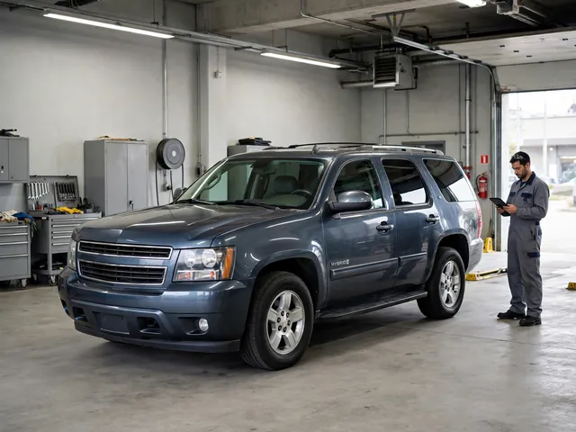 Chevrolet Tahoe hybrid parked in a service bay for a battery replacement assessment