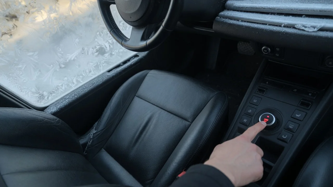 Driver pressing a lit heated seat button beside a leather front seat in a cold car interior