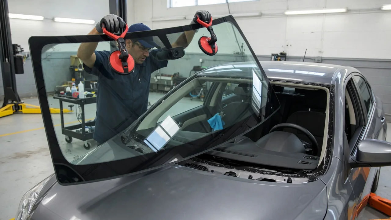 Technician fitting a new windshield onto a modern car in a service bay
