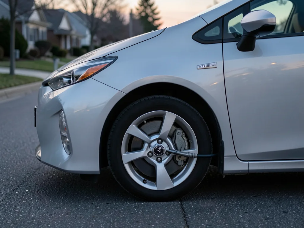 A hybrid hatchback slowing on a quiet street, with a close-up of its front brake rotor and a driver's foot on the brake pedal