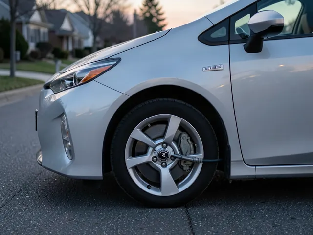 A hybrid hatchback slowing on a quiet street, with a close-up of its front brake rotor and a driver's foot on the brake pedal