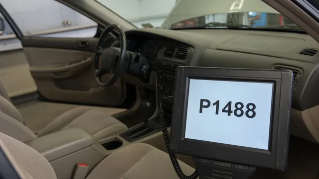 Diagnostic scanner beside a vehicle dashboard displaying the trouble code P1488