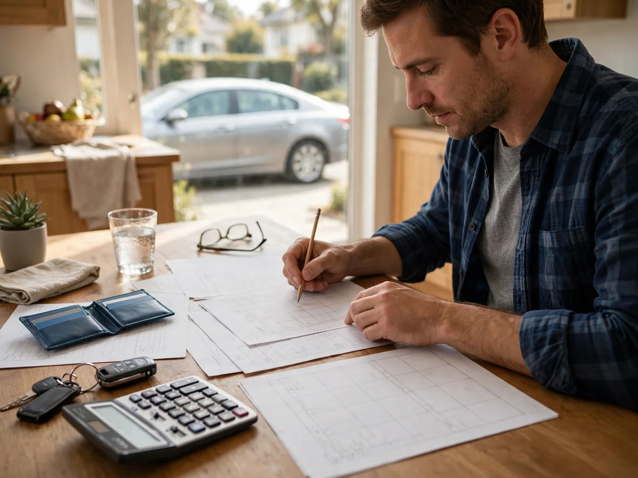 Used car shopper reviewing a vehicle history report and ownership budget at a kitchen table