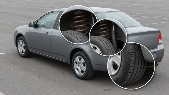 Car parked on level pavement with callouts showing ride height, tire tread, and suspension locations