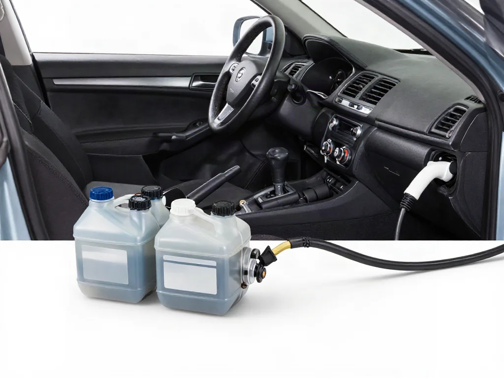 Power steering reservoir beside sealed fluid bottles with specification labels facing outward