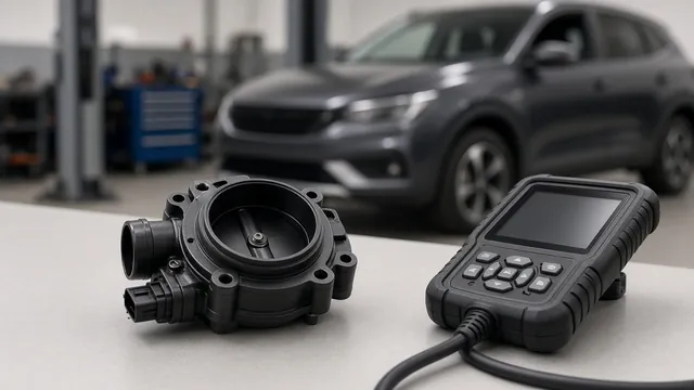 Throttle body on a clean workbench beside diagnostic equipment for a Jeep Patriot and Compass repair article