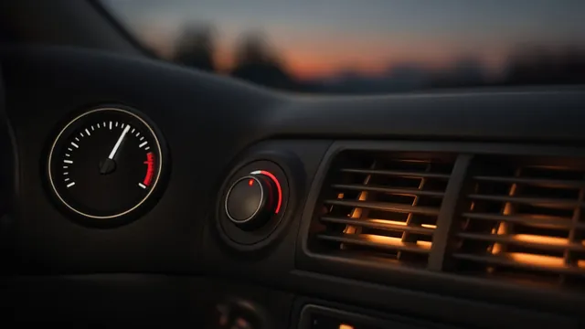 Car dashboard with the temperature gauge rising toward hot while the heater dial is set to maximum heat