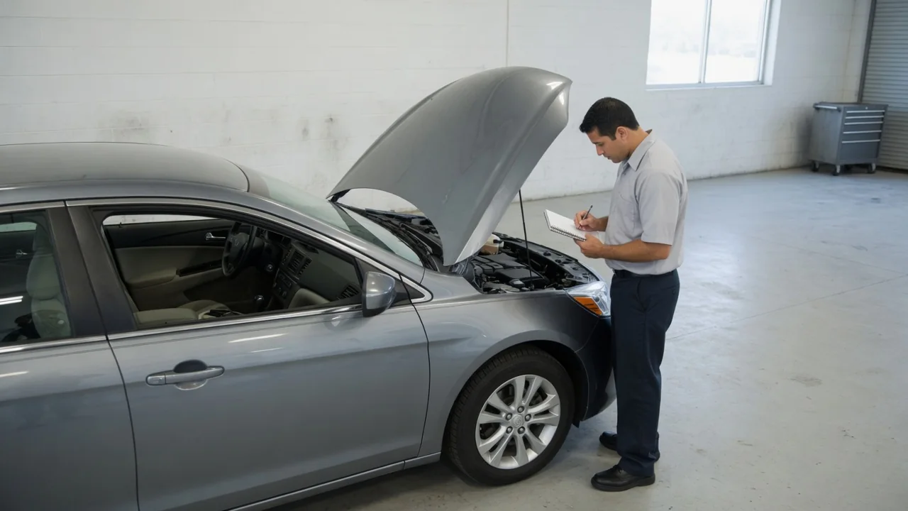 Parked car with its engine off and hood open for an inspection of a reported timing chain rattle