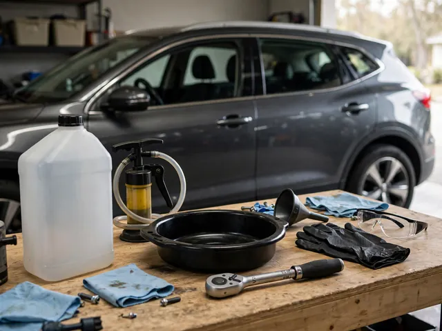 Transmission fluid service supplies with a drain pan, fluid pump, gloves, and torque wrench