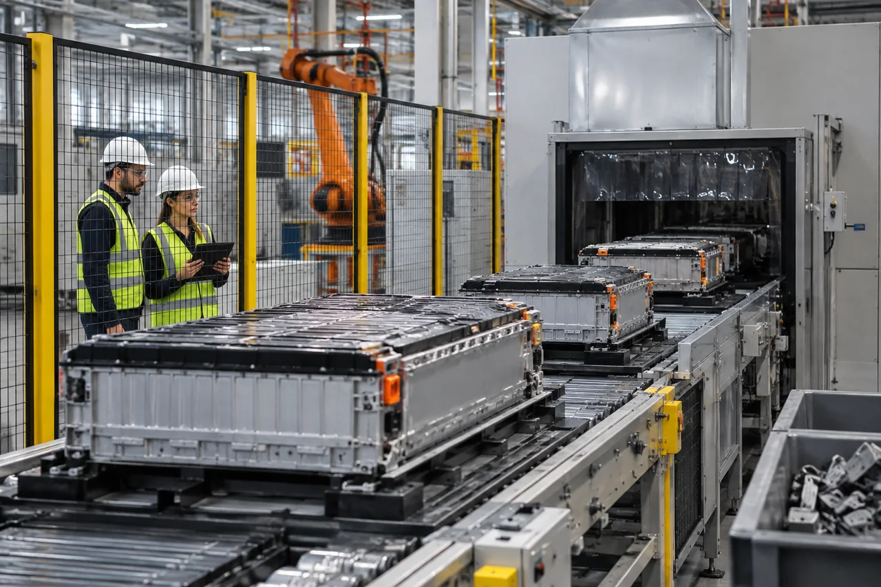 EV battery modules on an enclosed processing line at a battery recycling facility