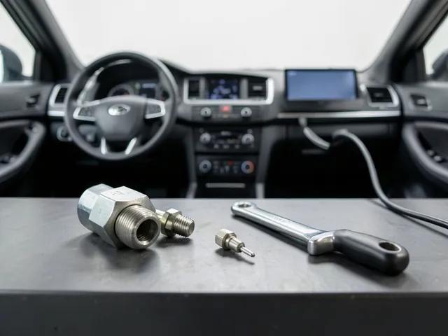 Oil pressure sensor, deep socket, torque wrench, and electrical connector arranged on a clean workbench