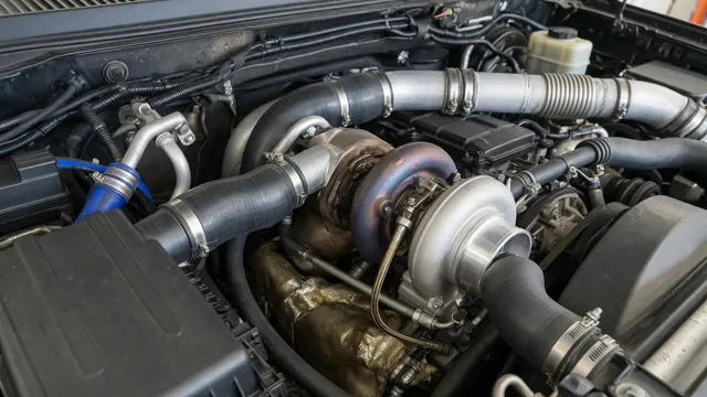 Diesel pickup turbocharger showing the compressor housing, turbine housing, and connected intake plumbing
