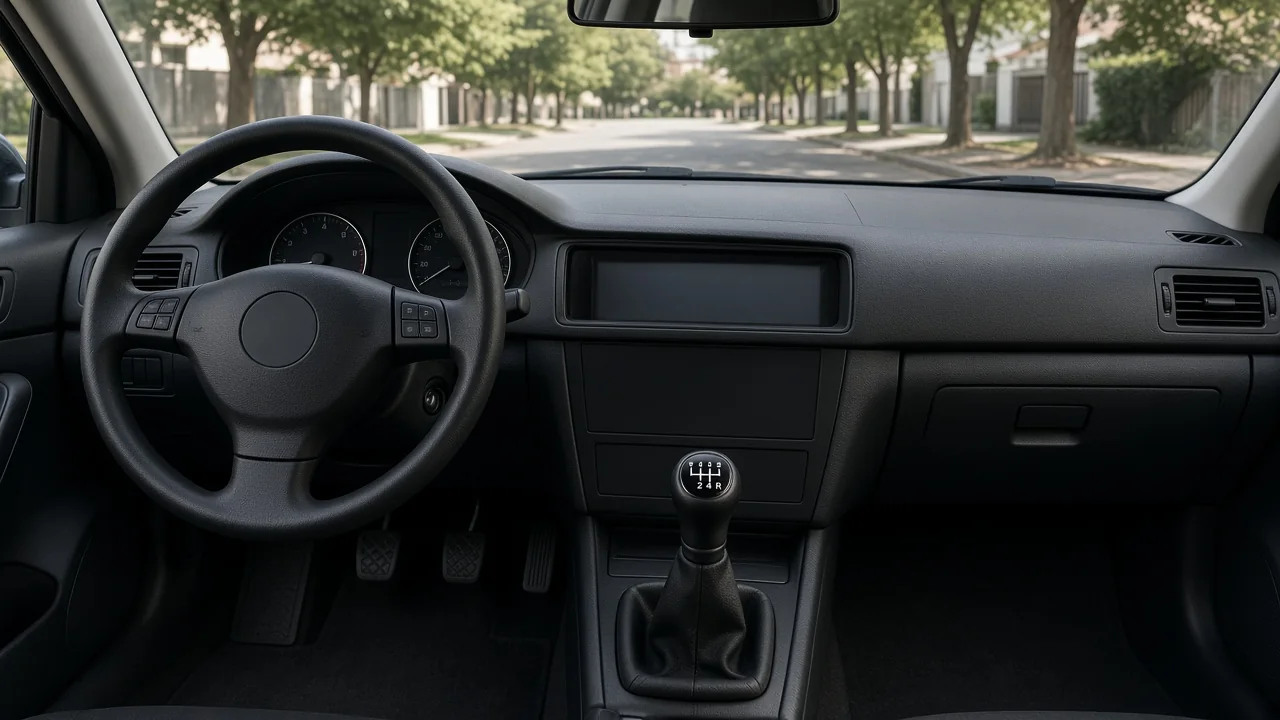 Driver's view of a manual car's steering wheel, gearshift, and three pedals while parked
