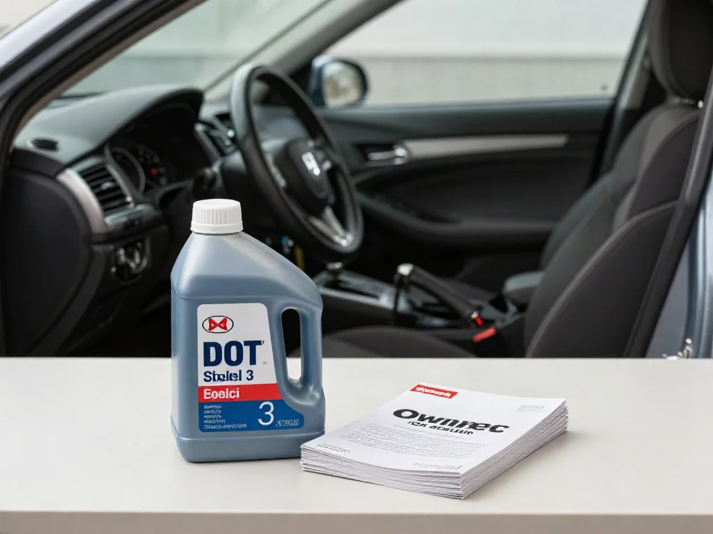 Sealed DOT 3 brake fluid bottle beside a Honda owner's manual on a clean service counter