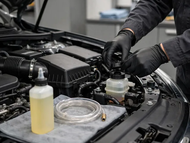 Technician checking a car's brake fluid reservoir with a bottle of fresh brake fluid nearby