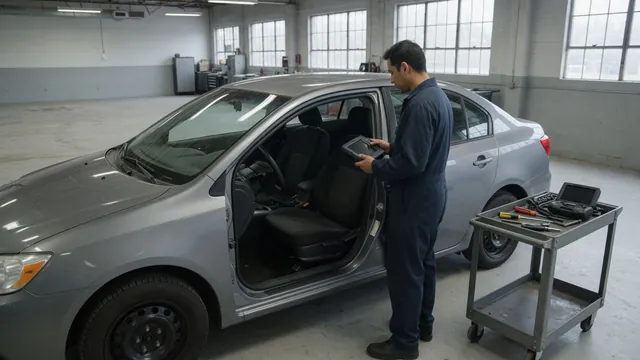 Diagnostic scanner beside a parked vehicle with a technician reviewing vehicle identification details