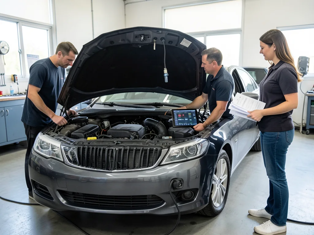 Technician running a pre-purchase inspection on a used luxury sedan while a buyer reviews its service records