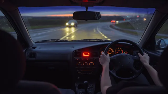 Car dashboard with the battery charging warning light on and dim headlights, a common sign of a bad alternator