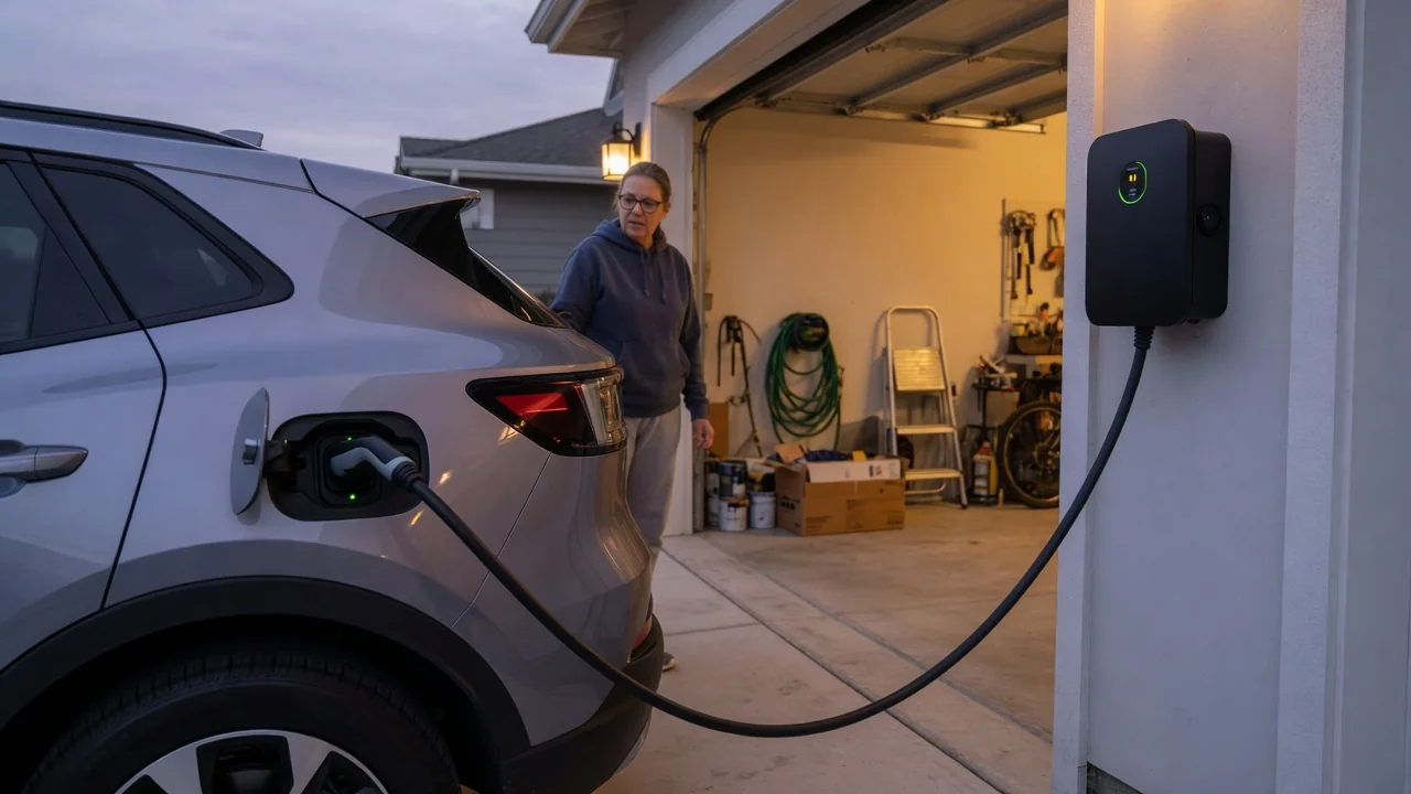 Automotive scene illustrating Why Does a Home EV Charger Stop and Restart