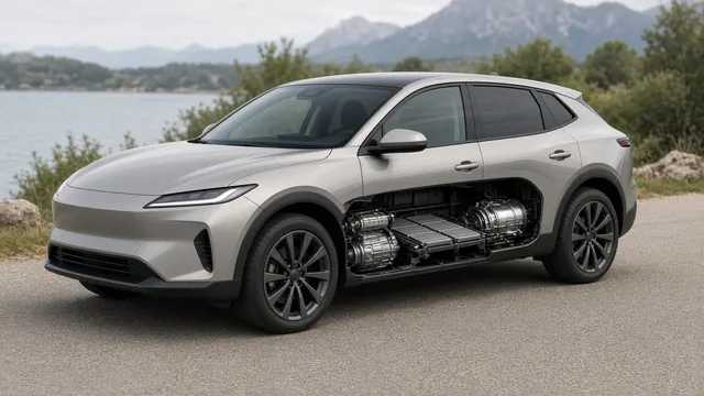 Hybrid car with a conceptual cutaway showing the high-voltage battery and gasoline engine