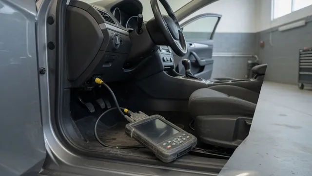 Diagnostic scanner connected beneath a vehicle dashboard with P1068 displayed
