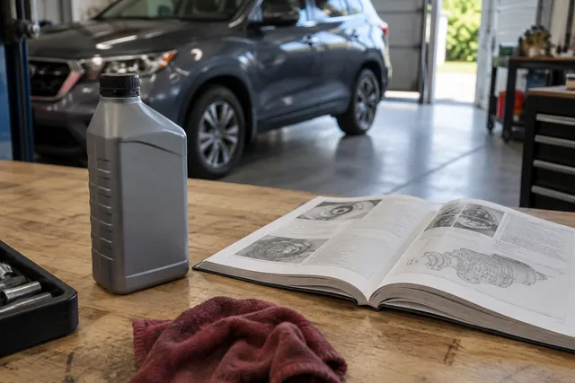 Unbranded automatic transmission fluid bottle beside a vehicle owner's manual in a clean garage