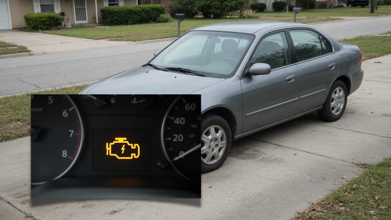 Illustration of an illuminated check engine symbol beside a parked Volvo