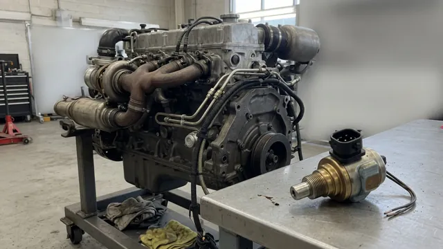Heavy-duty diesel engine with an oil pressure sensor and electrical connector shown in a detail inset