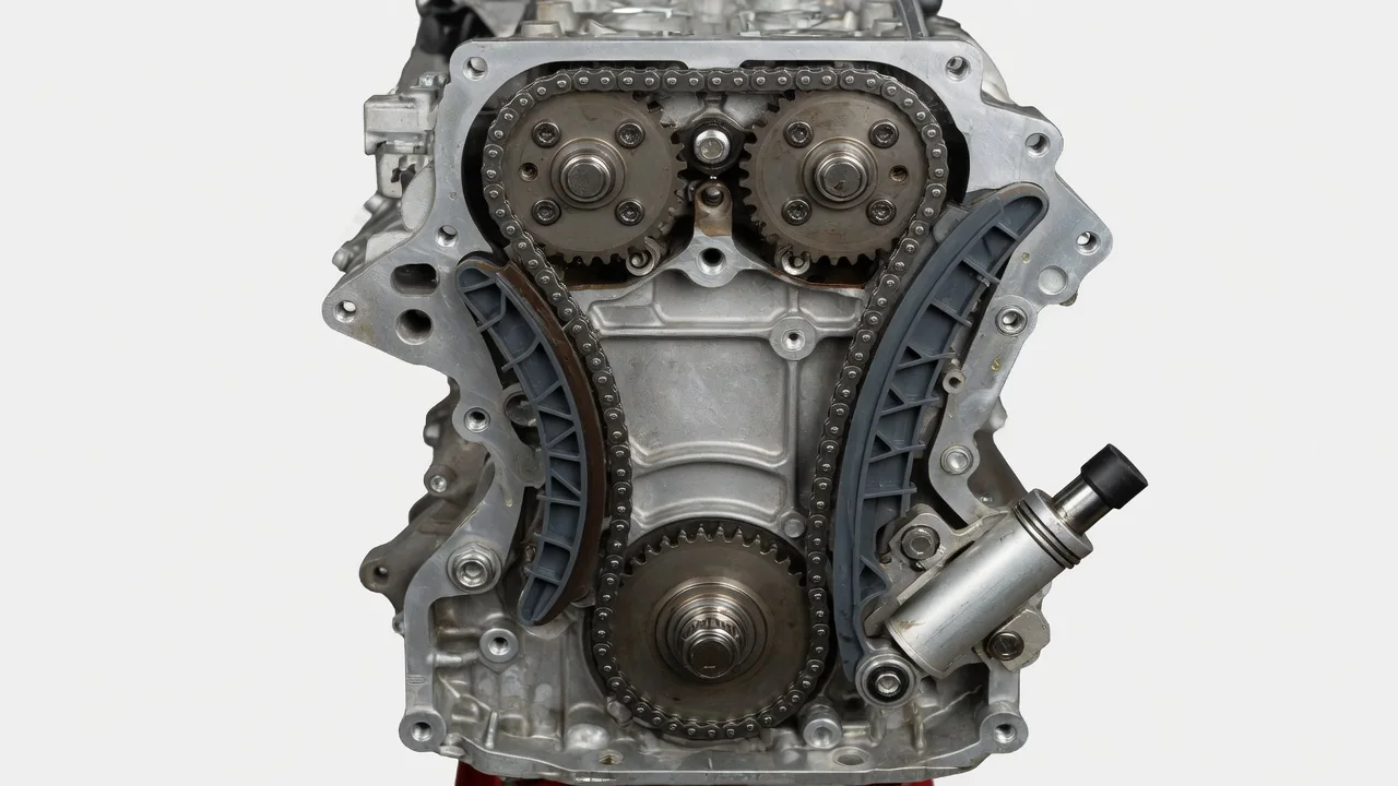 Cutaway illustration of an engine timing chain, sprockets, guides, and tensioner