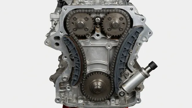 Cutaway illustration of an engine timing chain, sprockets, guides, and tensioner