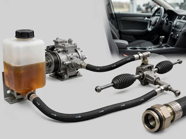 Illustration of hydraulic power steering pressure and return hoses with fitting seals shown in an inset